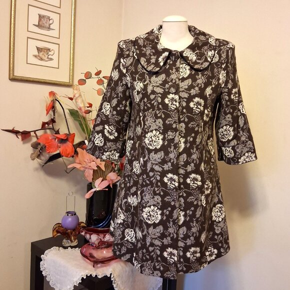 NEW Women’s Elegant Pea Coat Brown White Floral Lined Trench Coat ¾ Sleeve 18 XL - Picture 5 of 9